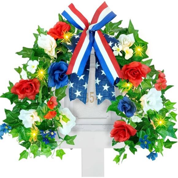 YULETIME Pre-Lit Patriotic Themed Swag, Solar Powered Decorative Swag with LED - Picture 1 of 7